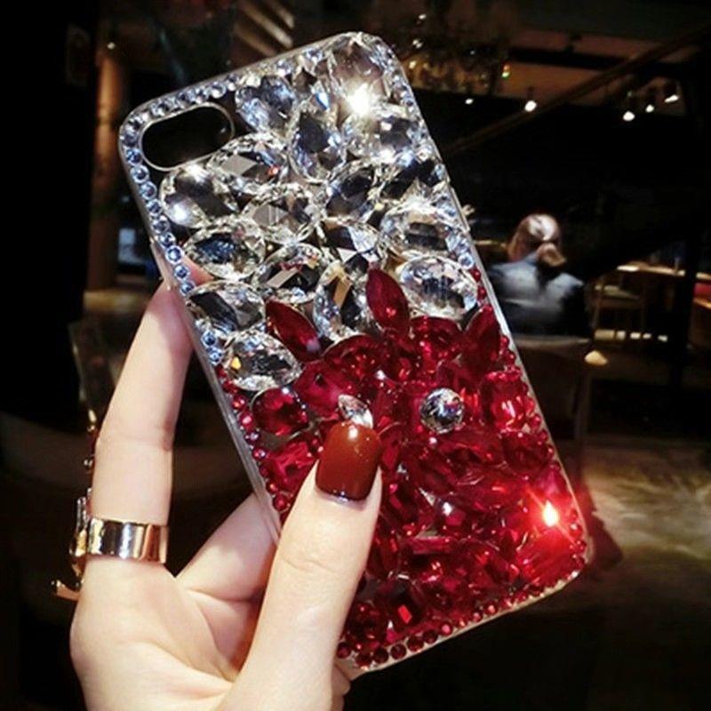 Luxury Crystal Flower Phone Case – Diamond Rhinestone Bling Glitter Designer Cover for iPhone (Red & Blue Variants)