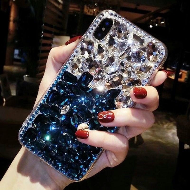 Luxury Crystal Flower Phone Case – Diamond Rhinestone Bling Glitter Designer Cover for iPhone (Red & Blue Variants)