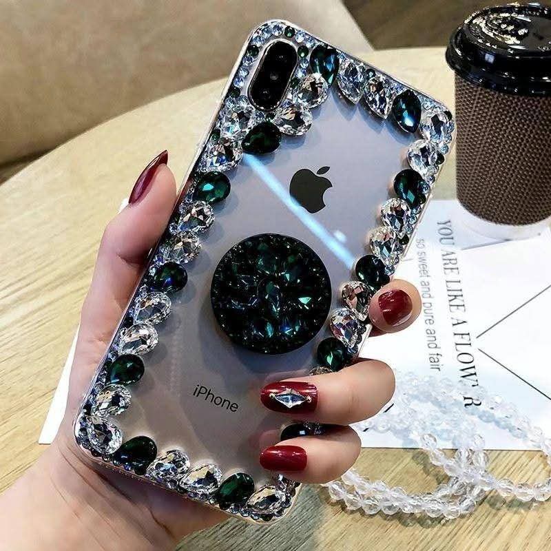 Luxury Crystal Border Phone Case with Holder – Diamond Rhinestone Bling Transparent Cover for iPhone