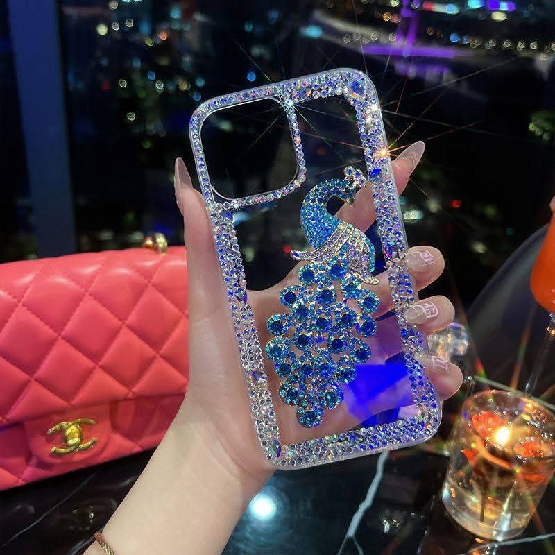 Luxury Peacock Rhinestone Phone Case – Crystal Bling Glitter Transparent Designer Cover for iPhone (Multi Color)