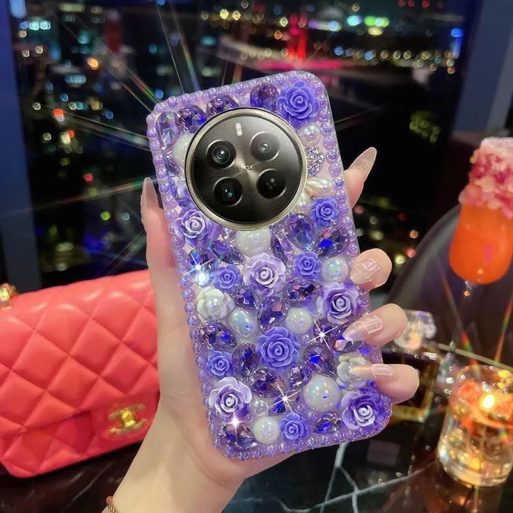 Luxury 3D Purple Rose & Pearl Jewel Case