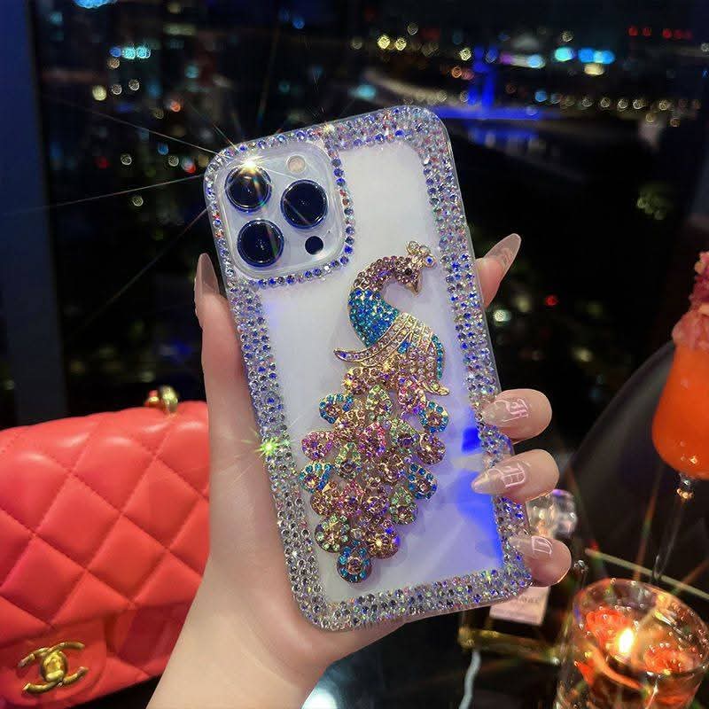 Luxury Peacock Rhinestone Phone Case – Crystal Bling Glitter Transparent Designer Cover for iPhone (Multi Color)