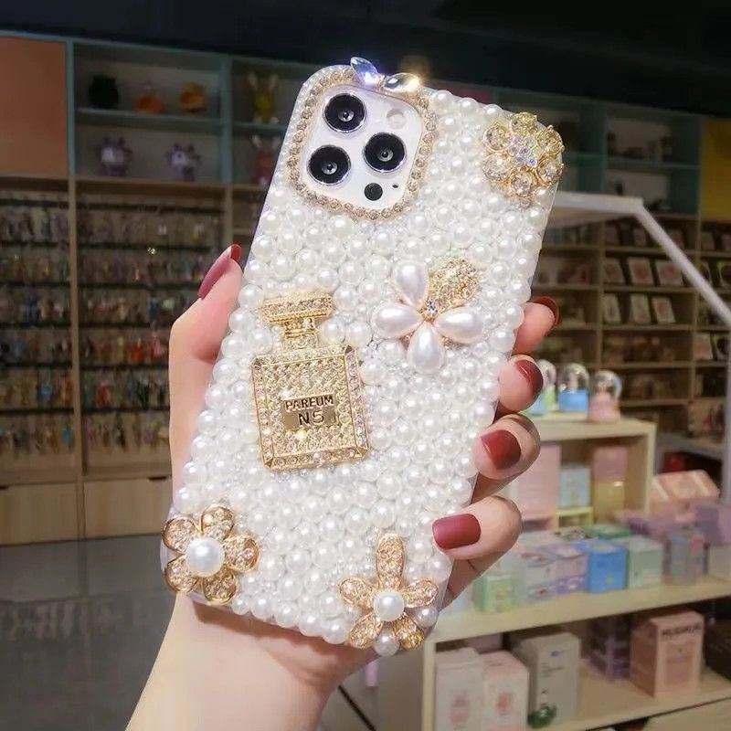 Luxury 3D Diamond & Pearl Perfume Bottle Case