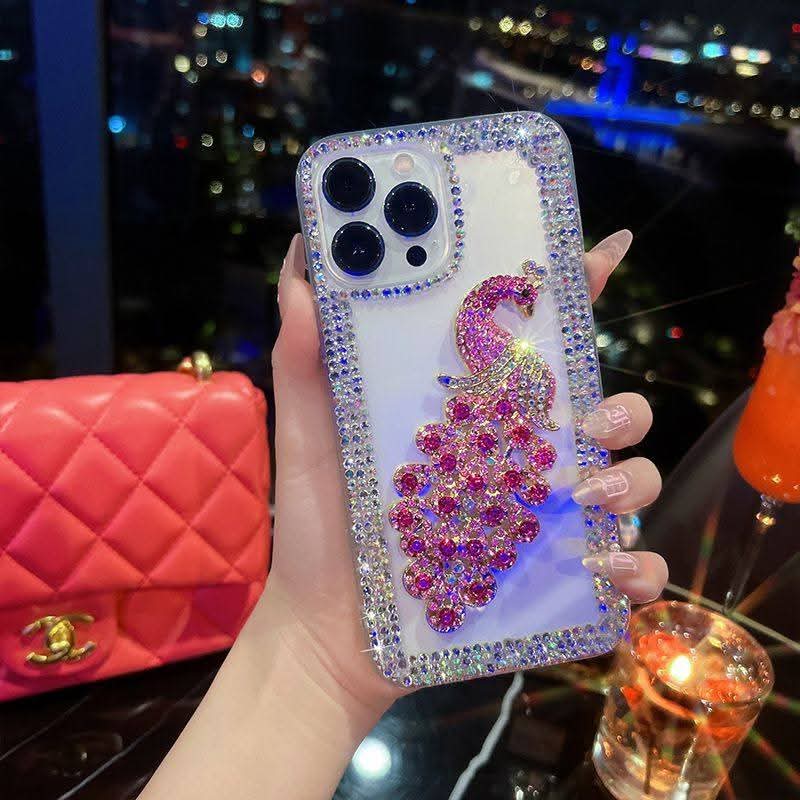 Luxury Peacock Rhinestone Phone Case – Crystal Bling Glitter Transparent Designer Cover for iPhone (Multi Color)