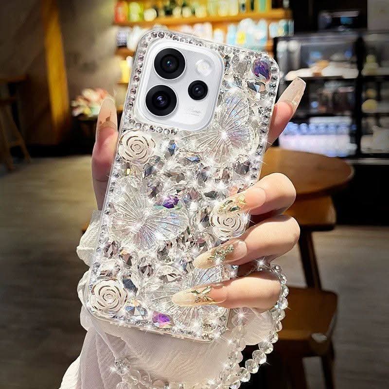 Luxury Clear Crystal Flower Phone Case with Strap – Diamond Rhinestone Glitter Bling Cover for iPhone
